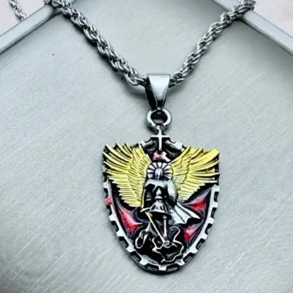 Saint Michael Shield Necklace Archangel Pendant Protection Stainless Steel 24